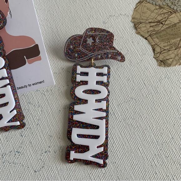 Disco Cowgirl Howdy Multicolor Glitter Charm Drop Festival Statement Earrings - Picture 4 of 6